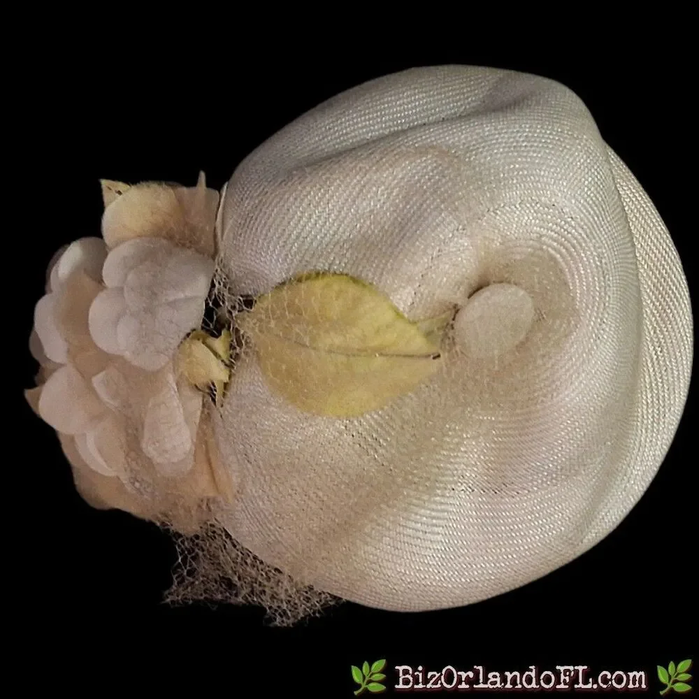 VINTAGE: 1950s Voguemont Cream Straw Pillbox Hat Flower Veil Goldblatts Tag MCM